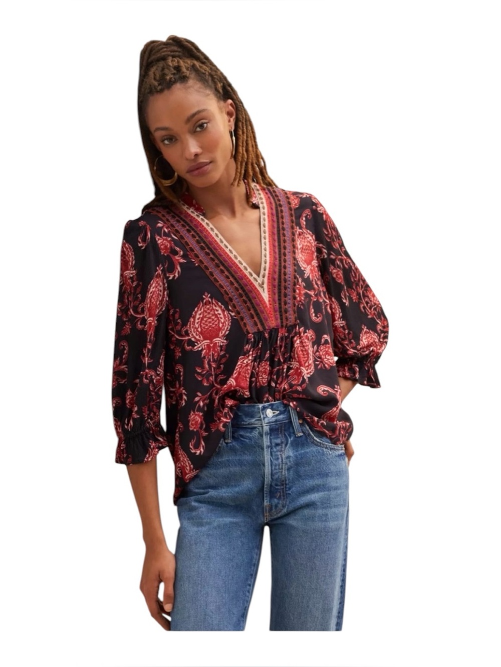 Bl^nk Blank London Stephanie Top Size XS Black Red Floral Embroidered Neckline